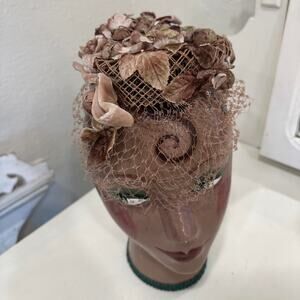 Lenore Marshall Women’s Cap Brown Velvet Floral Net Veil Hat Taupe 1950s